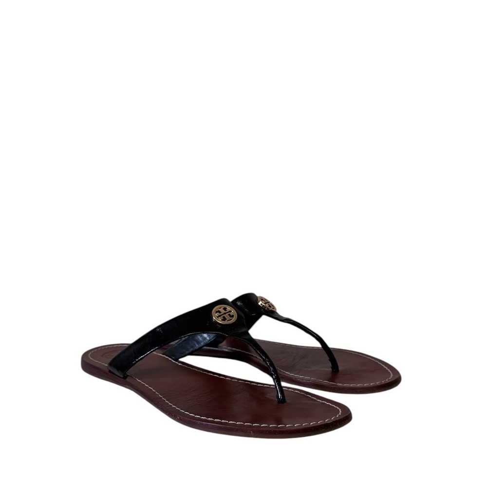 Tory Burch Miller Black Patent Leather Thong‎ Sandals Brown Gold Logo Medallion